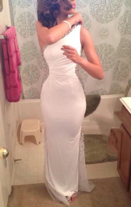 Plus Size Prom Dress, Pretty Elegant One Shoulder White Beadings Long Prom Gowns CD7660