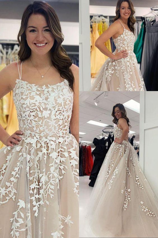 modest light champagne prom dresses. chic lace prom gowns CD7669