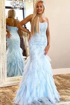 Light Blue Mermaid Lace Appliques Prom Dress with Ruffles, Strapless Long Evening Dress CD7729
