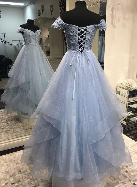Blue tulle lace long prom dress, evening dress CD7787