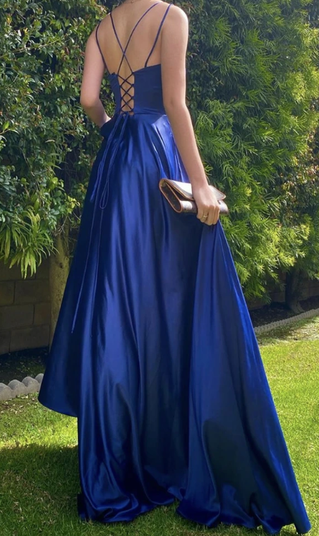 Blue satin long prom dress simple evening dress CD7801