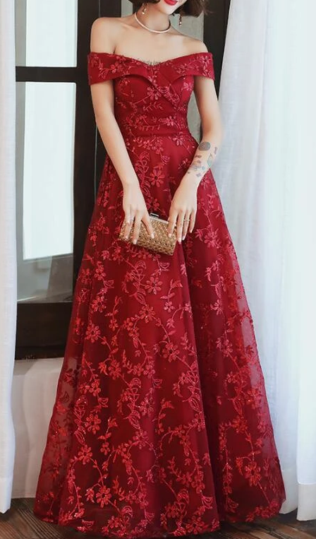 Dark Red Lace Off Shoulder Bridesmaid Dress, Long Prom Dress CD7803