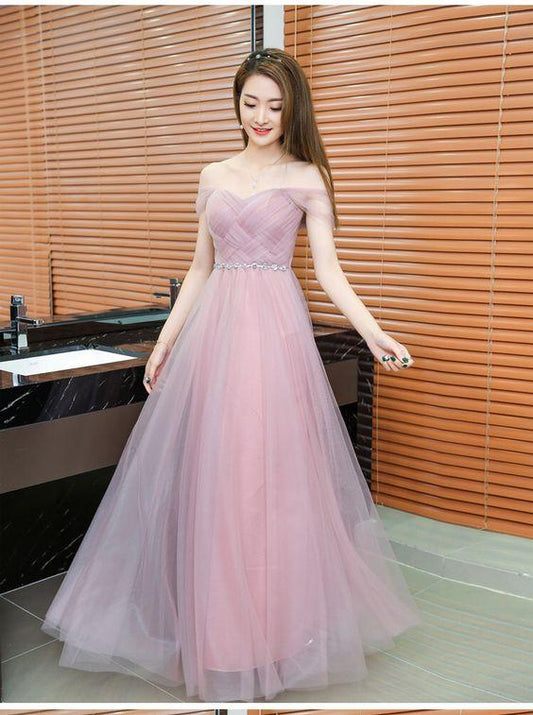 Pink Long Bridesmaid Dress Sweetheart Tulle Pleated Prom Dresse CD7847