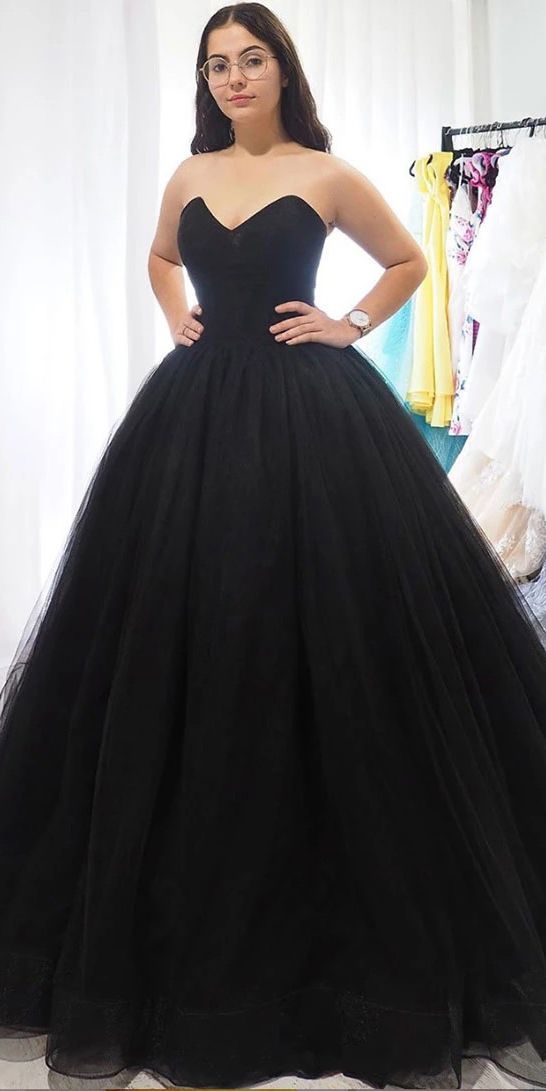 Sweetheart Black Tulle Long Strapless Prom Dress CD7873