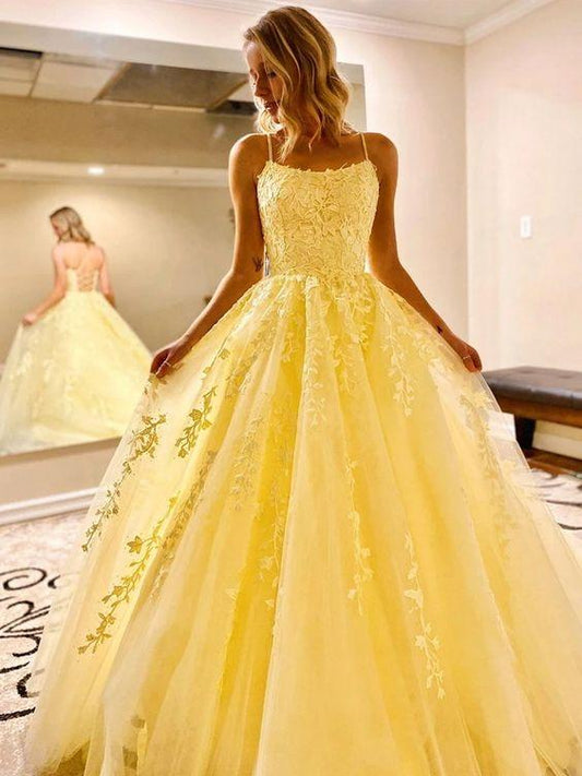 Backless Yellow Lace Prom Dresses, Open Back Yellow Lace Formal Evening Bridesmaid Dresses CD7938