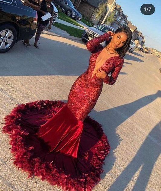 red prom dresses 2024 sparkly feather mermaid long sleeve deep v neck evening dresses formal dresses CD7941