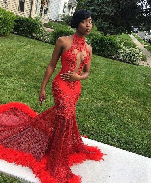 high neck red mermaid prom dresses with appliques CD7950