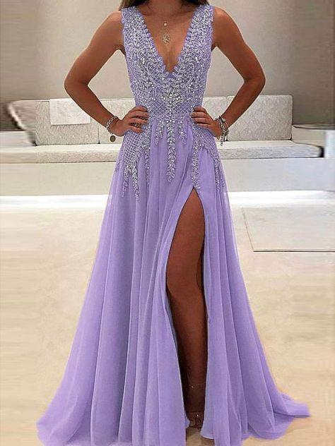 A-line V-neck Evening Dress with Slit Sexy Shiny Rhinestone Long Prom Dresses CD7990