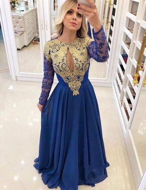 Royal Blue Long Sleeves Prom Dress Gold Appliques Chiffon Dresses CD8088