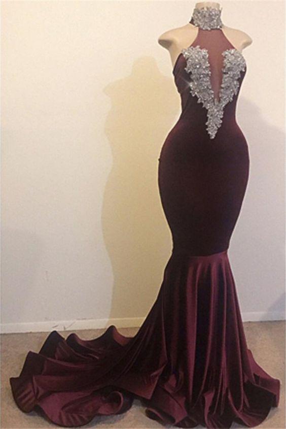 High Neck Backless Brush Train Mermaid Sequins Velvet prom Dress, Evening Dress CD8187