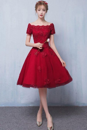 Burgundy tulle lace short dress, burgundy lace homecoming dress CD822