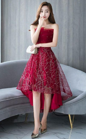 Burgundy tulle lace short dress, burgundy lace homecoming dress CD824