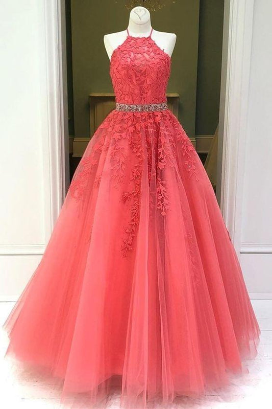 Stylish Backless Coral Lace Long Prom Dress, Coral Lace Formal Graduation Evening Dress CD8319