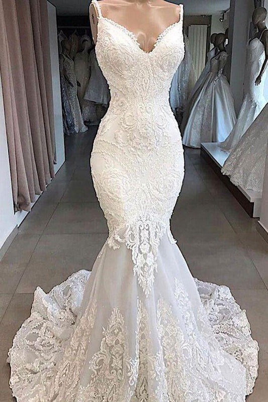 Charming Spaghetti Straps Lace Appliques Tulle Mermaid Wedding prom dress CD8359
