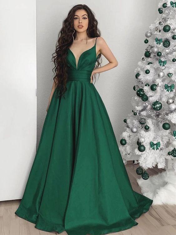 A Line V Neck Emerald Green Long Prom Dresses, Green V Neck Long Formal Evening Dresses CD8364