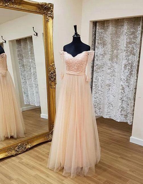 Elegant Pink A Line Tulle Prom Dresses, Appliques Floor Length Long Evening Dress CD8385