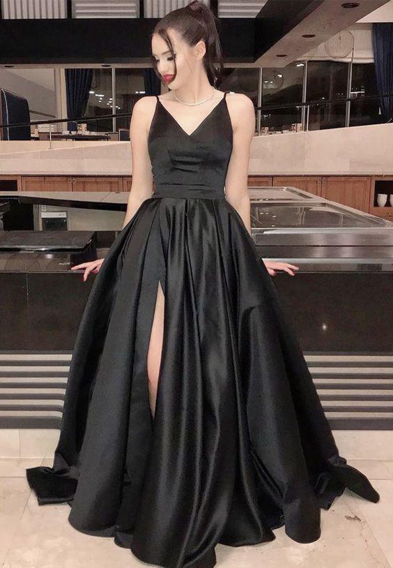 black satin prom dress, simple evening dress CD8404