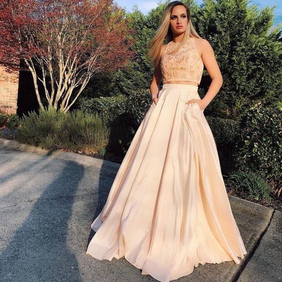 Champagne Prom Dress, Satin Prom Gown, Two-Pieces Prom Dress, Beading Prom Gown CD8417