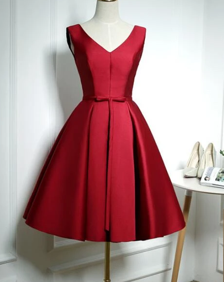 Lovely Wine Red Satin Homecoming Dress, Short Bridesmaid Dress CD8435