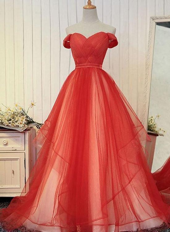 Gorgeous Red Tulle Party Gown, Off The Shoulder Formal Dress, Red prom Gown CD8453
