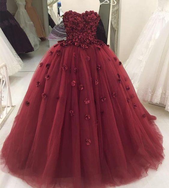 Strapless Burgundy Tulle Ball Gown Prom Dress, Formal Evening Dress, Women Dress CD845