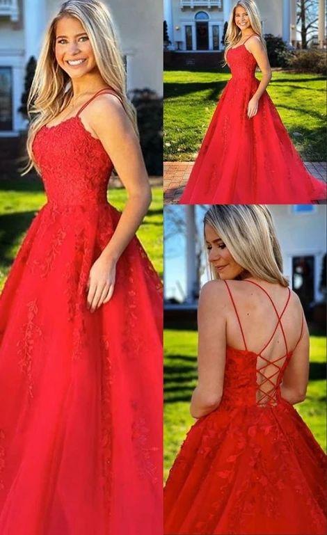 A Line Spaghetti straps Red Prom Dress With Appliques CD8461