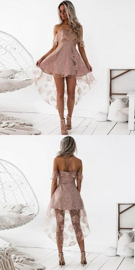 Fancy Lace Party Dress A-Line Spaghetti Straps High Low Blush Lace Homecoming Dress With Ruffles CD85
