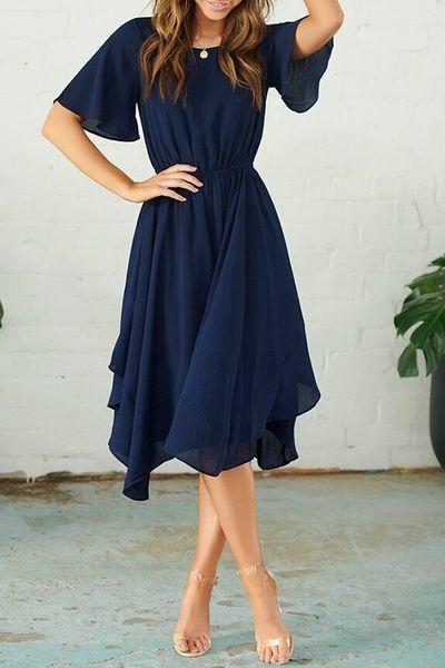 Round Neck Flared Sleeves Navy Prom Dress CD8525
