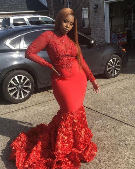 African Long Sleeves Prom Dress High Neck Lace Appliques Beaded 3D Flowers Plus Size Evening Dresses Long Party Gowns CD8544