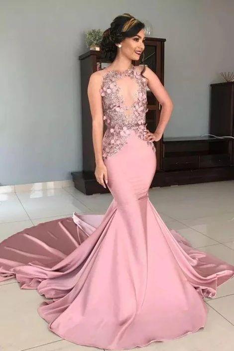 Sheer Tulle Pink Lace Appliques Prom Dresses | Mermaid Sleeveless Sexy Evening Gowns CD8548