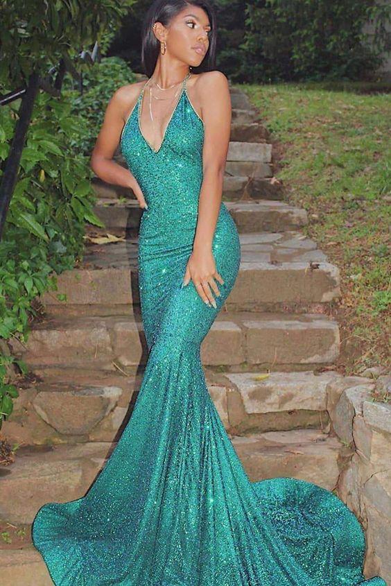 Gorgeous Halter Sleeveless Sparkly Shiny Mermaid Prom Dresses CD8610