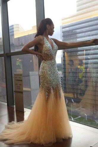 Halter Prom Dresses Mermaid Tulle With Beading Sweep Train CD8611