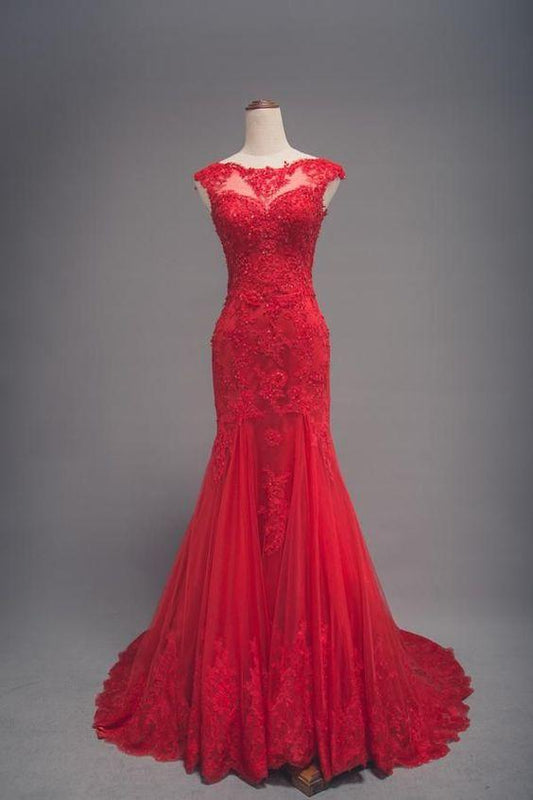 Modest Mermaid Red Lace Wedding prom Dress CD8612