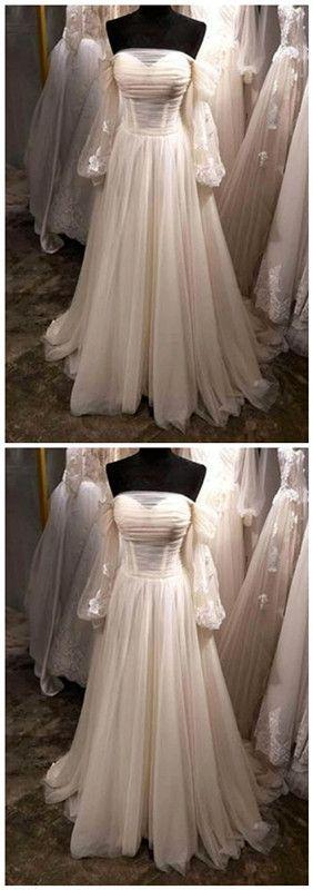 White tulle off shoulder long sleeve see through A-line wedding dress, long formal prom dress CD8640