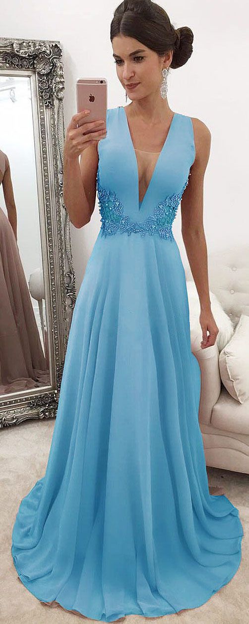 Charming Blue V neck Evening Dress, Sexy Sleeveless Beaded Long Prom Dresses CD8645