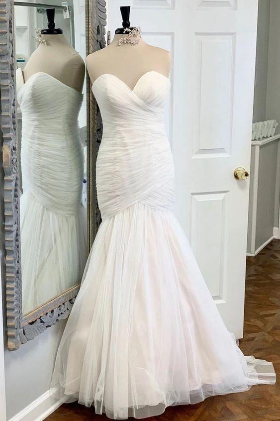 Sweetheart Neck White Tulle Long Mermaid Prom Dress CD8710