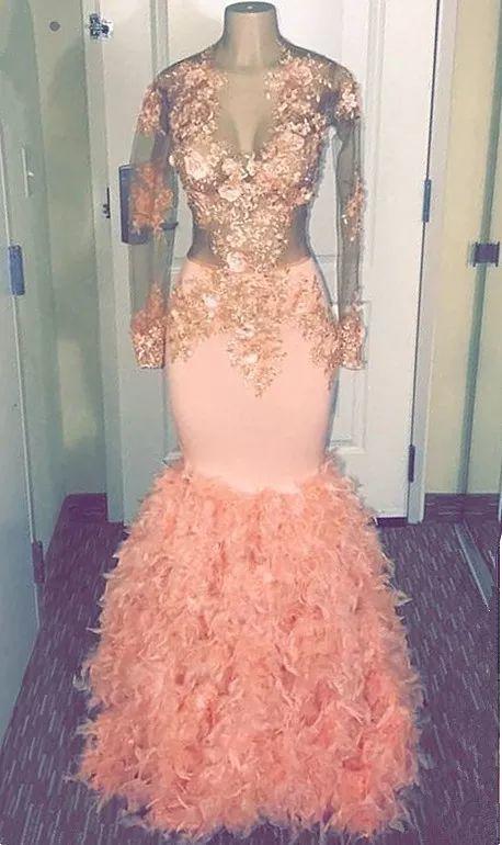 Coral Pink Mermaid Long Sleeve Long Prom Dresses Cheap | Sheer Tulle Appliques Ruffles Formal Dresses CD8806