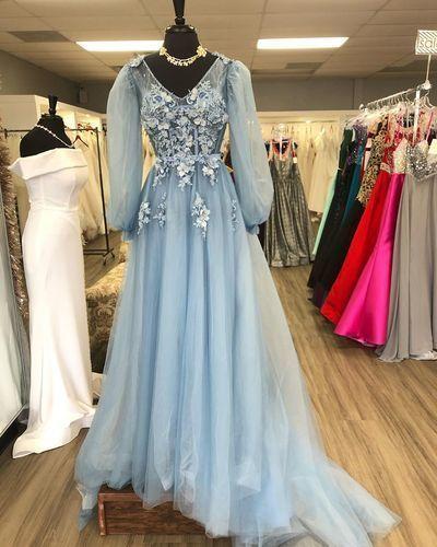 Bell Sleeves Blue Long Formal prom Dress CD8807