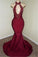 Burgundy Halter Appliques Backless Sexy Mermaid Prom Dresses CD8808