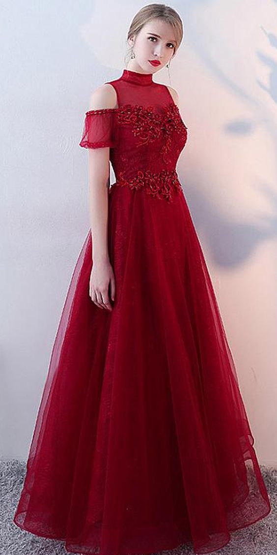 Modern Tulle High Collar Floor-length A-line Evening Dresses With Beadings Prom Dress CD8944