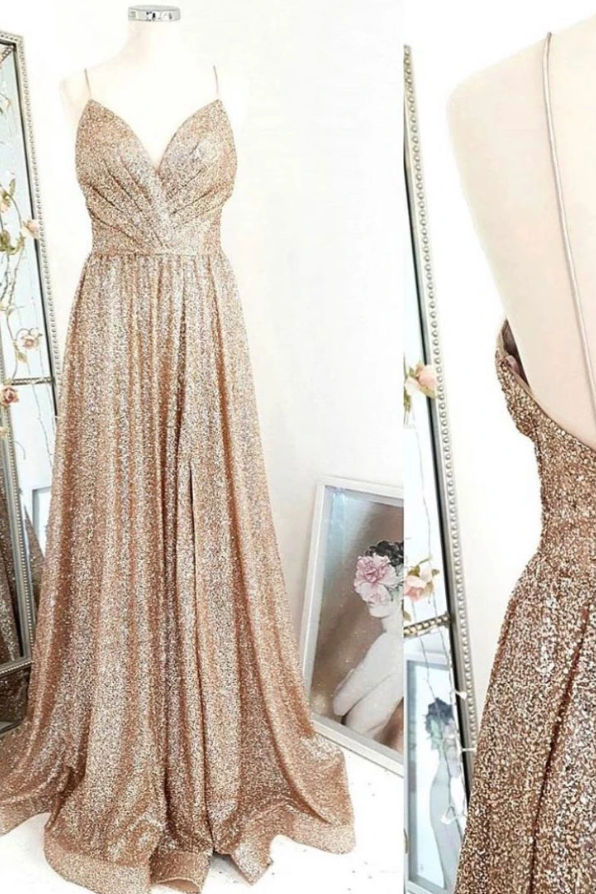 Gold sequin long prom dress gold evening dress CD8968