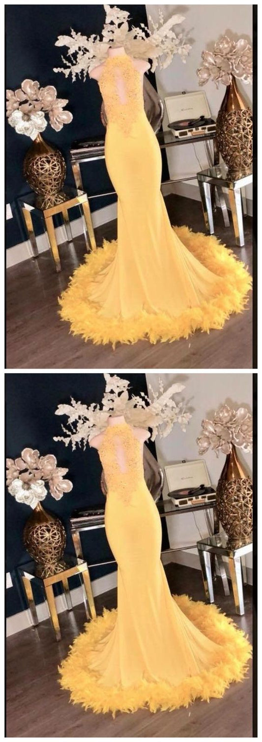 Charming Yellow High Neck Mermaid Prom Dresses CD8990