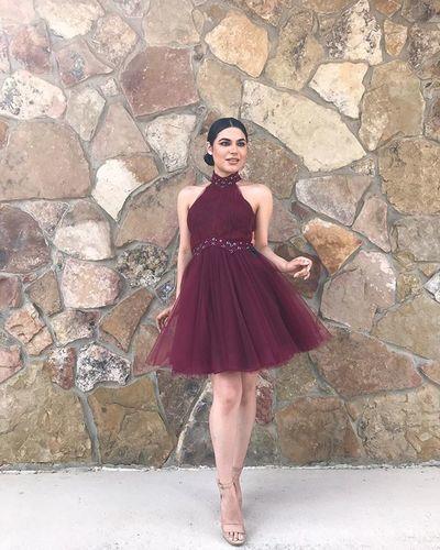 Stylish A Line High Neck Burgundy Short Homecoming Dresses with Beading CD8993