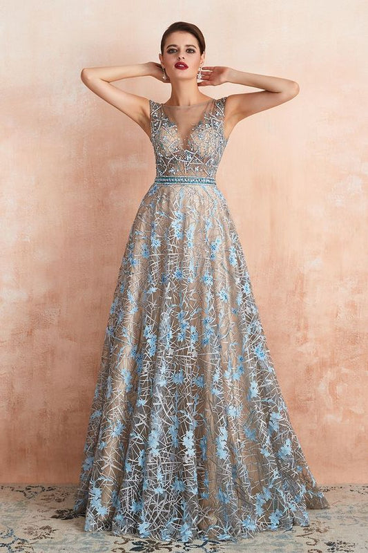 Designer Cap Sleeves Crystal Long Prom Dress With Blue Appliques CD9021