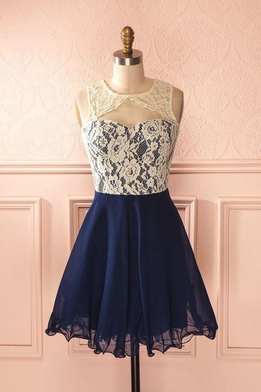 Cute Round Neck Lace Homecoming Dress, Navy Blue Lace Short CD9071