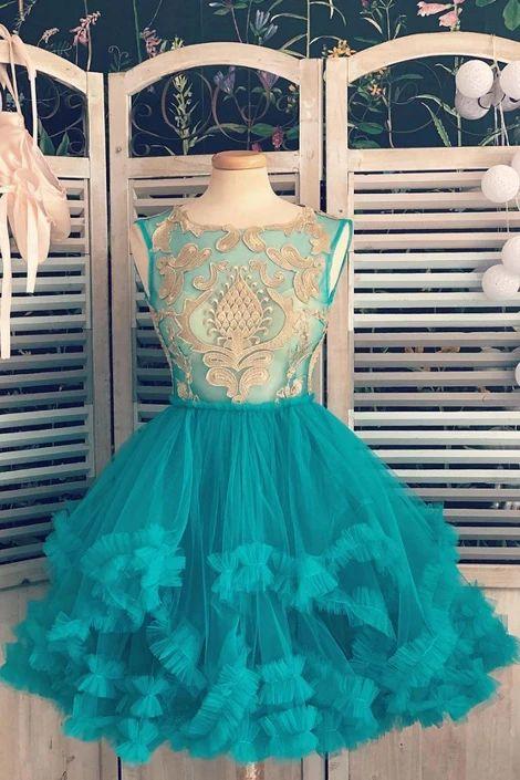 Green tulle lace short dress, green lace homecoming dress CD9074