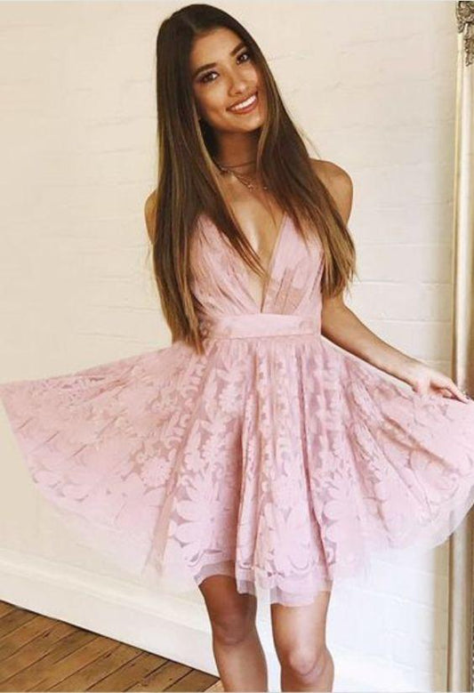 Pink Homecoming Dresses, V-Neck Homecoming Dress, Lace Homecoming Dress CD90