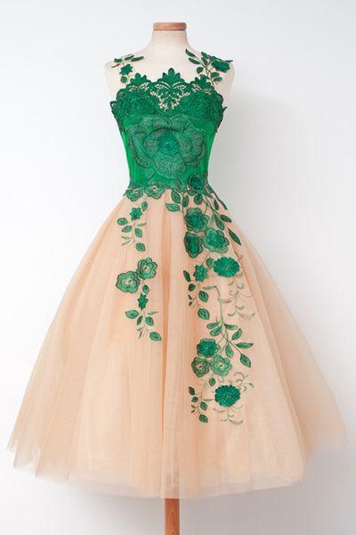 Champagne Homecoming Dress with Green Embroidery CD9176