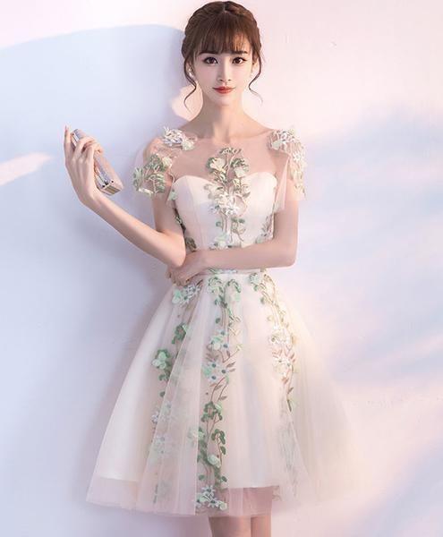 Champagne tulle lace applique short dress, homecoming dress CD9178
