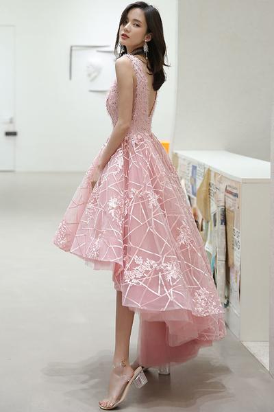 Pink High Low Prom Dresses Sequined Lace Short party Dress CD9225